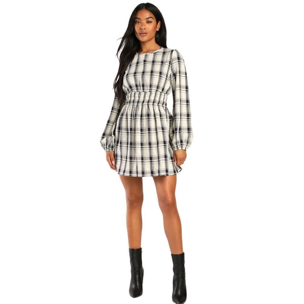 New! Lulus Ivory Plaid Balloon Sleeve Mini-Dress Sz M